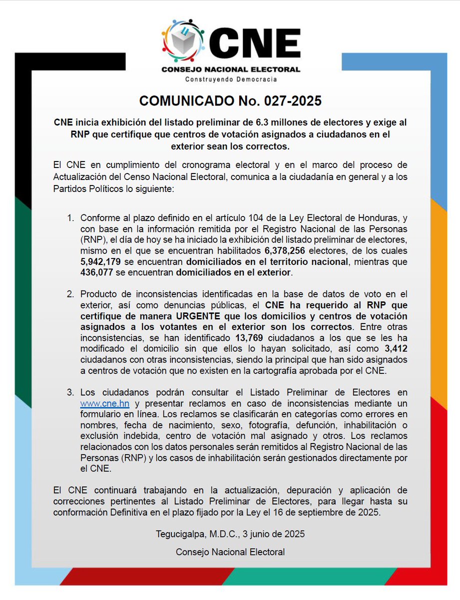 COMUNICADO No. 027-2025
CNE inicia exhibición del listado preliminar de 6.3 millones de electores y exige al RNP que certifique que centros de votación asignados a ciudadanos en el exterior sean los correctos.