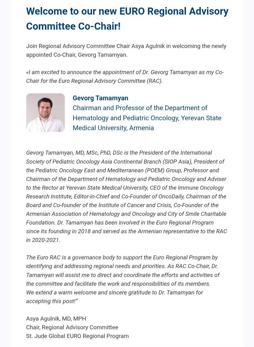 It is such an honor and pleasure for me to join my dear friend Asya Agulnik as the Co-Chair of the St. Jude EURO Regional Advisory Committee 😊 St. Jude Children's Research Hospital is a global leader in pediatric oncology and through its St. Jude Global is advancing pediatric