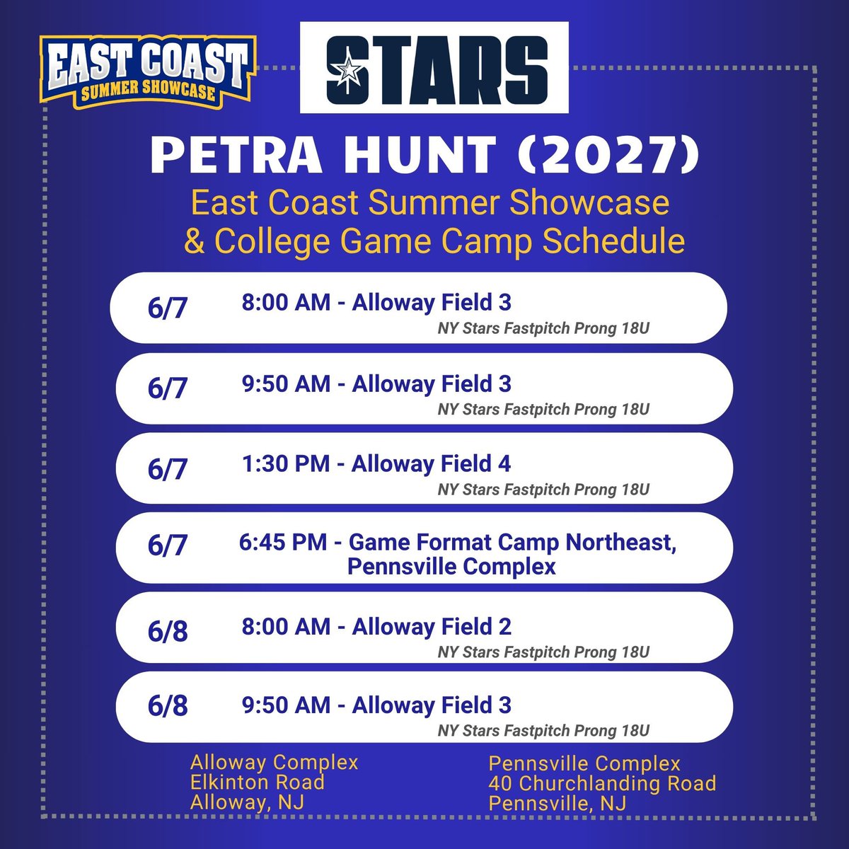 Petra Hunt-2027 (@petrahunt13) on Twitter photo Excited to get back on the 🥎 field with my team this weekend at East Coast Summer Showcase!
<a href="/NYStarsFP_Prong/">NY Stars Fastpitch 18U Prong</a>
<a href="/Starsnatgleason/">Stars National Gleason</a>
<a href="/starsnationalfp/">Stars Organization</a>
<a href="/eastcoast_sb/">East Coast Softball</a>
<a href="/CoastRecruits/">Coast 2 Coast Recruits</a>
<a href="/EastCoastFP/">East Coast Fastpitch Softball</a>
<a href="/SBRRetweets/">Softball Recruiting Reposts</a>
<a href="/D1Softball/">D1Softball</a>
<a href="/ExtraInningSB/">EXTRA INNING SOFTBALL</a>
<a href="/TOP_D1RECRUITS/">Softball Top Preps Retweet</a> Excited to get back on the 🥎 field with my team this weekend at East Coast Summer Showcase!
<a href="/NYStarsFP_Prong/">NY Stars Fastpitch 18U Prong</a>
<a href="/Starsnatgleason/">Stars National Gleason</a>
<a href="/starsnationalfp/">Stars Organization</a>
<a href="/eastcoast_sb/">East Coast Softball</a>
<a href="/CoastRecruits/">Coast 2 Coast Recruits</a>
<a href="/EastCoastFP/">East Coast Fastpitch Softball</a>
<a href="/SBRRetweets/">Softball Recruiting Reposts</a>
<a href="/D1Softball/">D1Softball</a>
<a href="/ExtraInningSB/">EXTRA INNING SOFTBALL</a>
<a href="/TOP_D1RECRUITS/">Softball Top Preps Retweet</a>