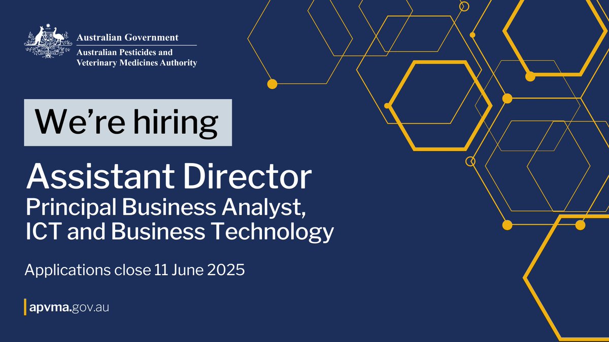 The #APVMA Innovation program is seeking applications for an Assistant Director Principal Business Analyst to work across the business to enhance the APVMA’s ICT and process enhancement processes.
Apply before 11 June 2025 at apvma.gov.au/careers
