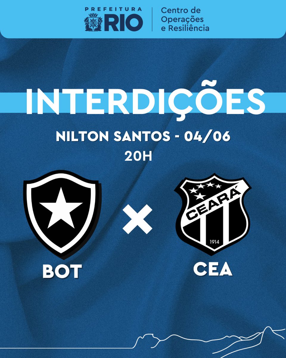 BOTAFOGO ⚫️⚪️ X CEARÁ ⚫️⚪️ NO ESTÁDIO NILTON SANTOS 🏟️

⚽️ Para a realização da partida, nesta quarta-feira (04/06), às 20h, no estádio Nilton Santos, pelo Campeonato Brasileiro, vias do bairro do Engenho de Dentro serão interditadas a partir das 17h. Previsão de liberação às