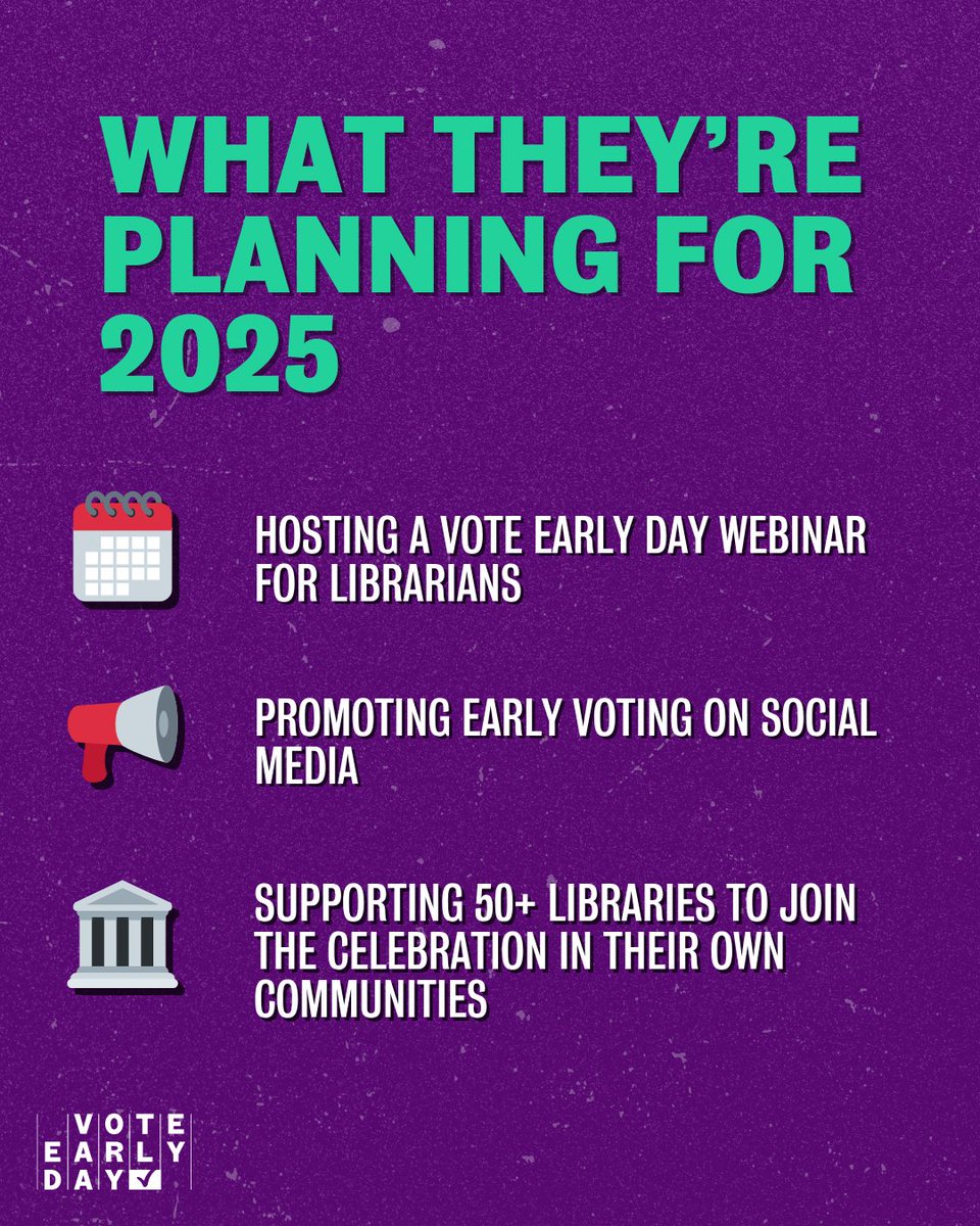 Vote Early Day (@voteearlyday) on Twitter photo 📚 Shoutout to <a href="/EveryLibrary/">EveryLibrary</a> — helping libraries lead on civic engagement through their #VoteLibraries initiative!
This #VoteEarlyDay, they’re activating 50+ libraries nationwide. 🗳️💪
🔗 Learn more: everylibraryinstitute.org
#EarlyVoting #CivicEngagement #Libraries 📚 Shoutout to <a href="/EveryLibrary/">EveryLibrary</a> — helping libraries lead on civic engagement through their #VoteLibraries initiative!
This #VoteEarlyDay, they’re activating 50+ libraries nationwide. 🗳️💪
🔗 Learn more: everylibraryinstitute.org
#EarlyVoting #CivicEngagement #Libraries
