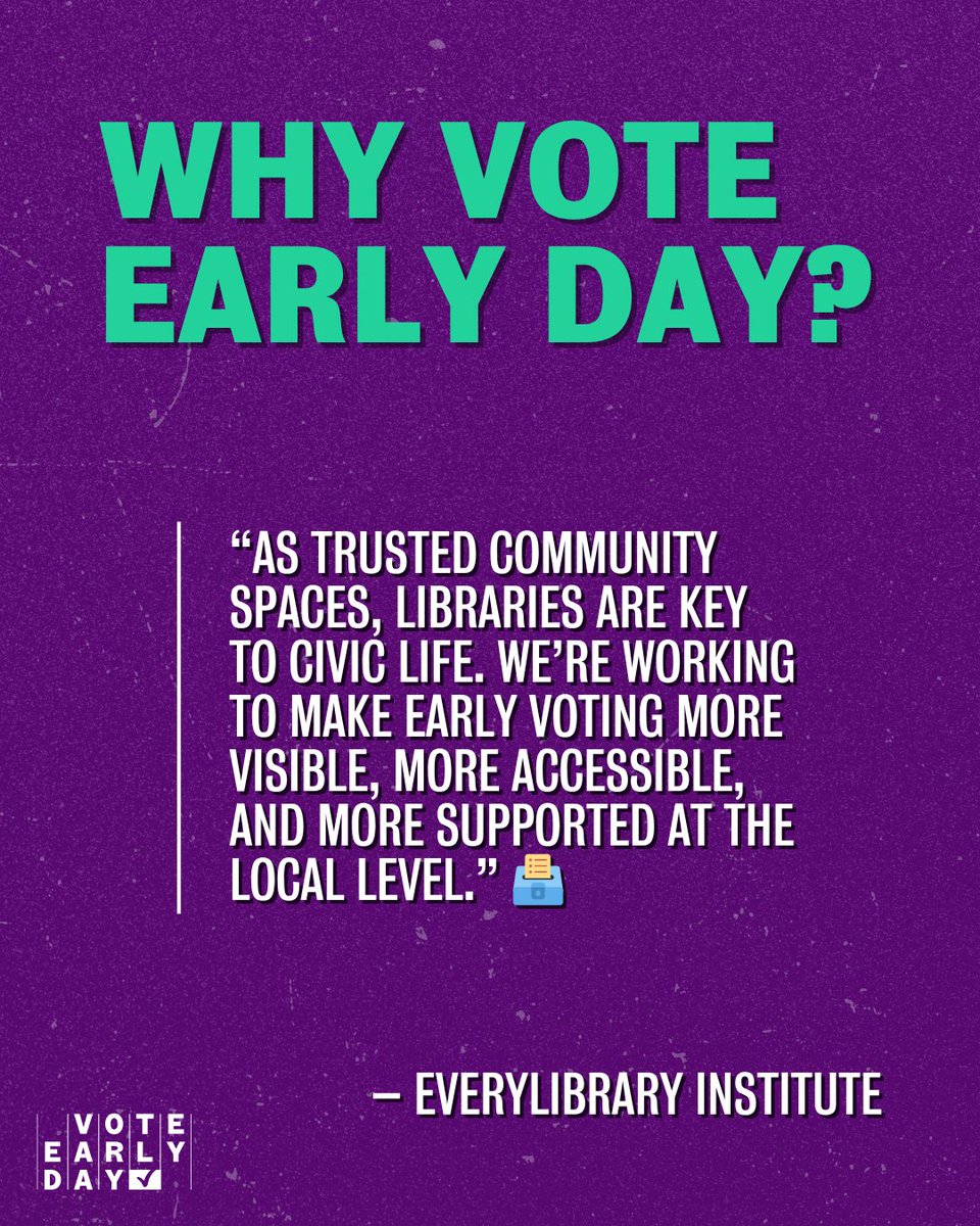 voteearlyday's tweet image. 📚 Shoutout to @EveryLibrary — helping libraries lead on civic engagement through their #VoteLibraries initiative!

This #VoteEarlyDay, they’re activating 50+ libraries nationwide. 🗳️💪

🔗 Learn more: everylibraryinstitute.org

#EarlyVoting #CivicEngagement #Libraries