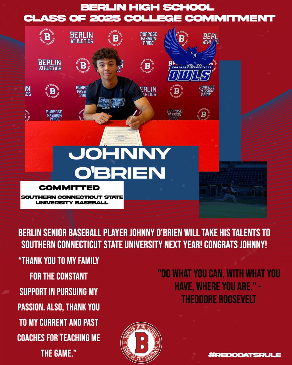 BHS Athletics (@berlin_redcoats) on Twitter photo Congratulations Johnny!
Redcoat Nation wishes you the best of luck as you continue your baseball career at SCSU!
<a href="/SCSU_Owls/">SCSU Athletics</a>
#ctbase #redcoatsrule Congratulations Johnny!
Redcoat Nation wishes you the best of luck as you continue your baseball career at SCSU!
<a href="/SCSU_Owls/">SCSU Athletics</a>
#ctbase #redcoatsrule
