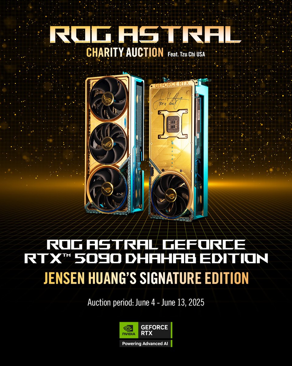 ✨ A golden opportunity is upon us ✨

We at ASUS are proud to announce the ROG Astral Charity Auction! 💛

🎁 Grand Prize: ROG Astral Geforce RTX 5090 Dhahab Edition GPU - Signed by <a href="/nvidia/">NVIDIA</a> CEO, Jensen Huang
🌸 Winning bid to be donated to <a href="/TzuChiUSA/">Tzu Chi USA</a> 
📅 Bidding open June 4th -