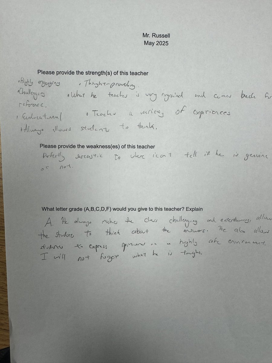Wrapped up the school year by reading through student evaluations, one of the most valuable parts of my growth as a teacher. Their feedback, both kind and constructive, helps me reflect and improve. 

 Grateful for student voices and the opportunity to keep learning.