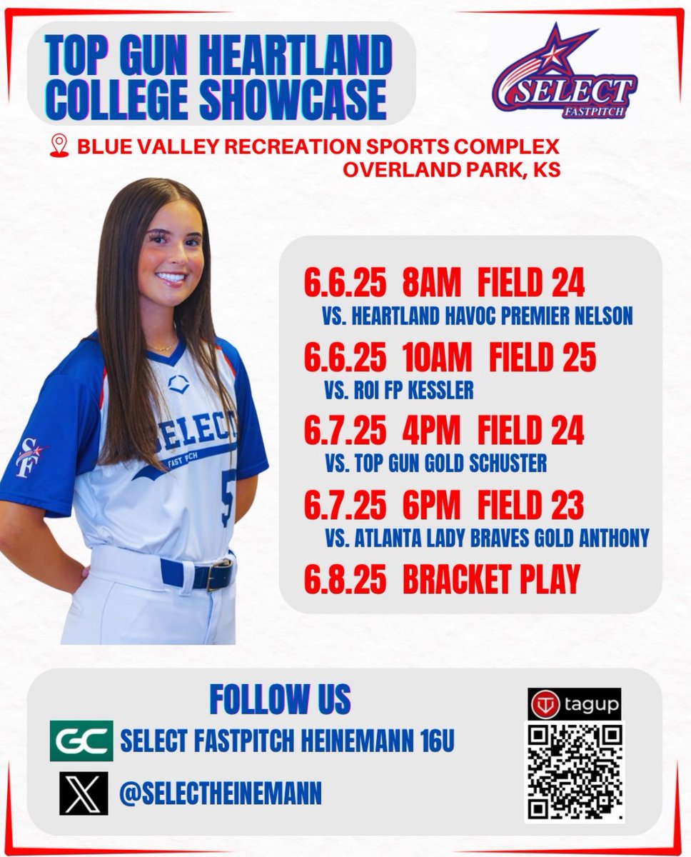 First tourney of the summer ball season! Can’t wait to get back on the field with my teammates!! Come out and watch‼️‼️

<a href="/SelectHeinemann/">Select Fastpitch 16u Heinemann</a> <a href="/ejonesrockchalk/">Eric Jones - Select Fastpitch</a>