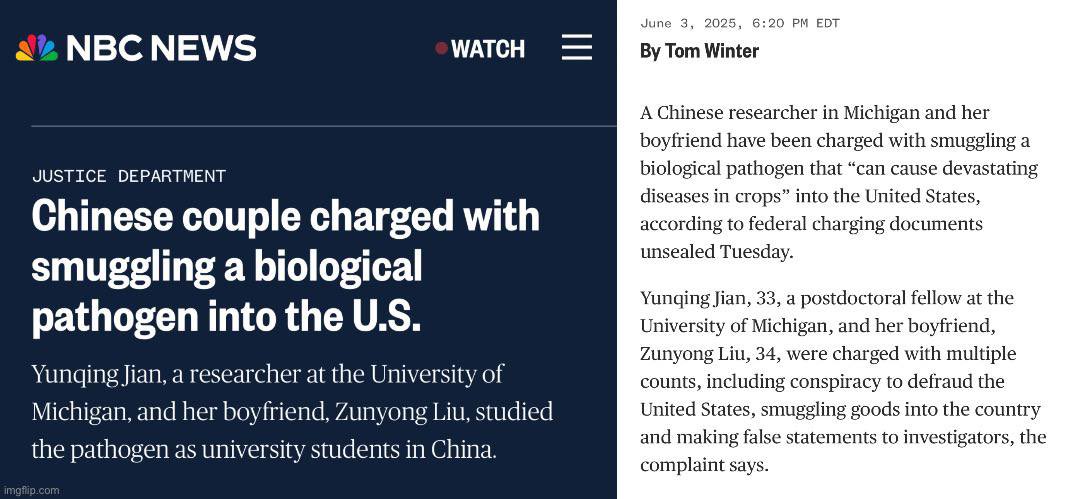 Chinese nationals charged with smuggling biological pathogen that “can cause devastating diseases in crops”.