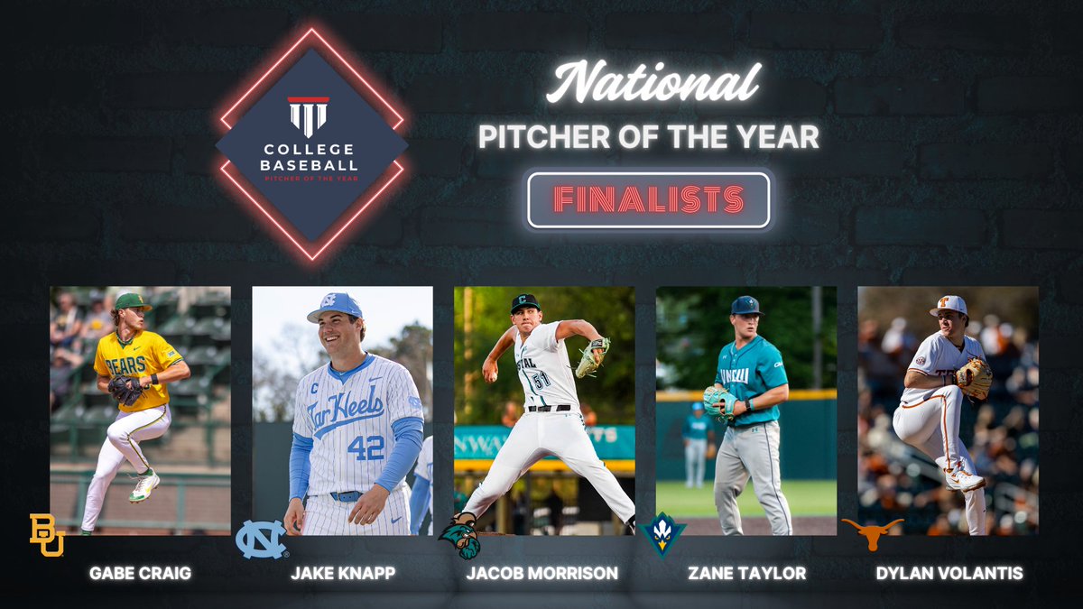 CollegeBaseballHoF (@collegediamonds) on Twitter photo These arms dominated all year - now theyโre up for Pitcher of the Year ๐ฅ
โพ๏ธ Gabe Craig, <a href="/BaylorBaseball/">Baylor Baseball</a>
โพ๏ธ Jake Knapp, <a href="/DiamondHeels/">Carolina Baseball</a>
โพ๏ธ Jacob Morrison, <a href="/CoastalBaseball/">Coastal Carolina Baseball</a>
โพ๏ธ Zane Taylor, <a href="/UNCWBaseball/">UNCW Baseball</a>
โพ๏ธ Dylan Volantis, <a href="/TexasBaseball/">Texas Baseball</a>
๐ฐ: bit.ly/441pq7u These arms dominated all year - now theyโre up for Pitcher of the Year ๐ฅ
โพ๏ธ Gabe Craig, <a href="/BaylorBaseball/">Baylor Baseball</a>
โพ๏ธ Jake Knapp, <a href="/DiamondHeels/">Carolina Baseball</a>
โพ๏ธ Jacob Morrison, <a href="/CoastalBaseball/">Coastal Carolina Baseball</a>
โพ๏ธ Zane Taylor, <a href="/UNCWBaseball/">UNCW Baseball</a>
โพ๏ธ Dylan Volantis, <a href="/TexasBaseball/">Texas Baseball</a>
๐ฐ: bit.ly/441pq7u