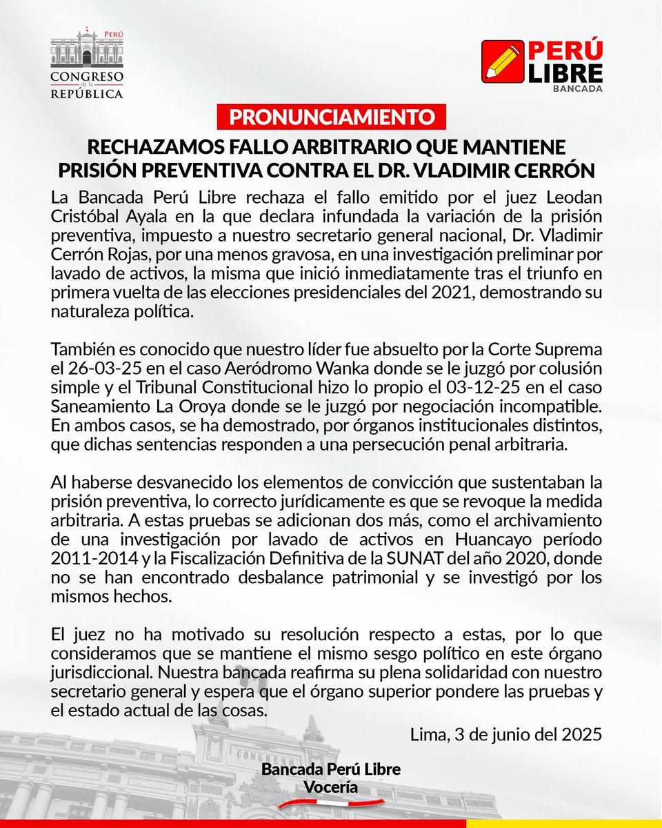 🔴#Pronunciamiento | Rechazamos el fallo emitido por el juez Leodan Cristóbal Ayala en la que declara infundada la variación de la prisión preventiva, impuesta al, Dr. <a href="/VLADIMIR_CERRON/">Vladimir Cerrón</a>, por una menos gravosa, en una investigación preliminar por lavado de activos.