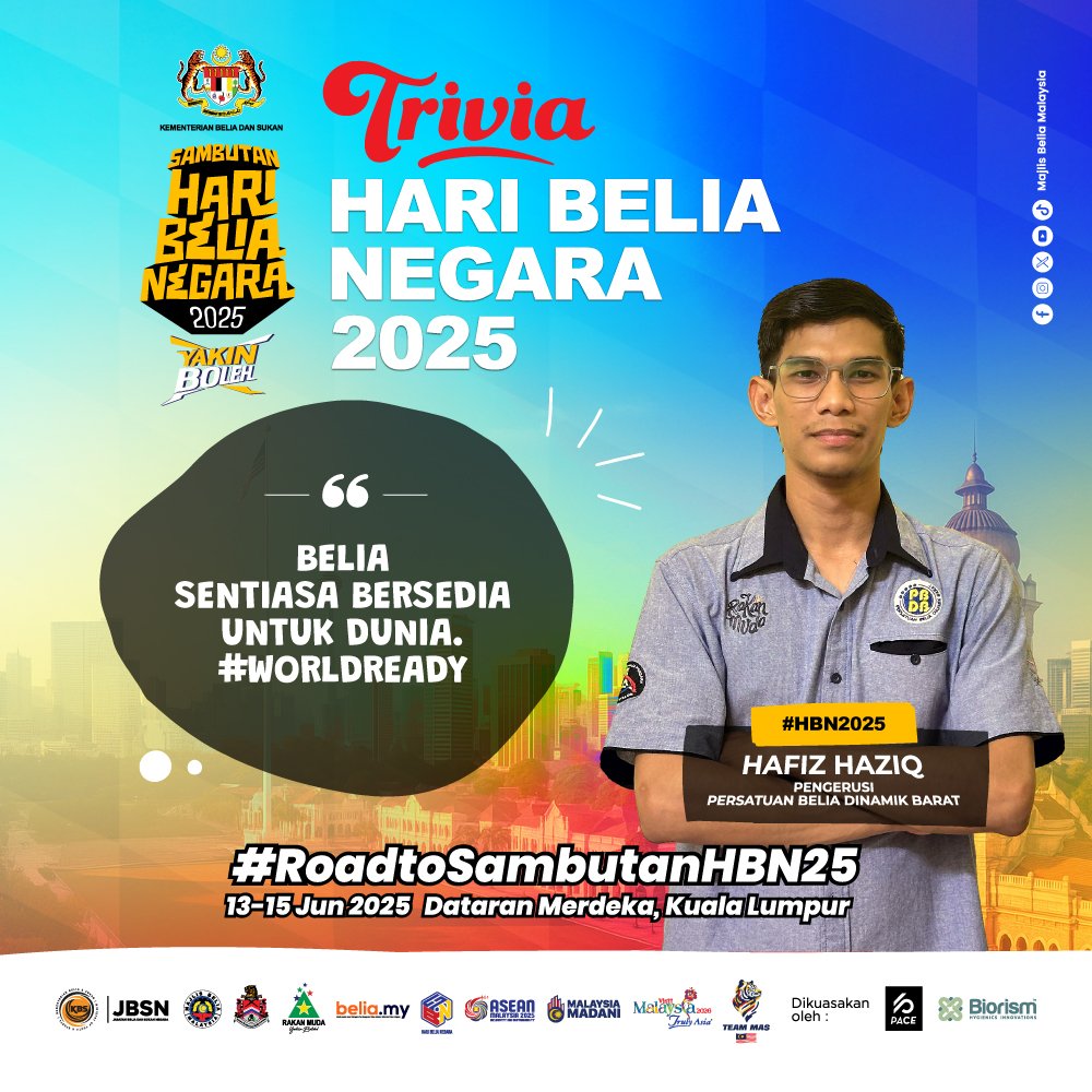 📣 #RoadtoSambutanHBN25 💥🔥 

🚨 Ada event terbesar berlaku bulan ini. Sambutan Hari Belia Negara 2025 bakal tiba tidak lama lagi! 

‼️ Lock tarikh ini :
📆 13-15 Jun 2025
📍 Dataran Merdeka, Kuala Lumpur
 
🇲🇾 Belia Malaysia, masa kita dah sampai! Jom turun ramai2 &amp; gegarkan