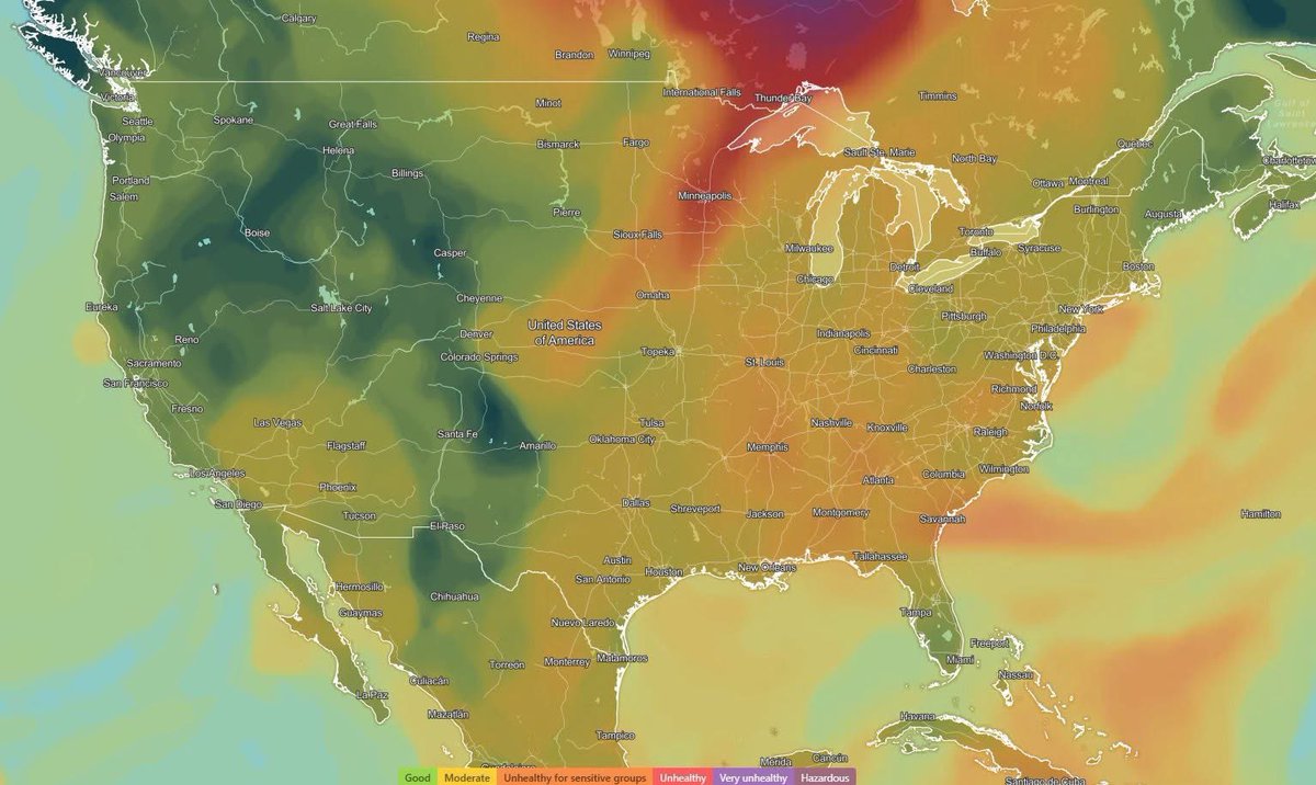 Roughly the entire eastern half of the US being affected by the Canadian wildfire smoke. Here's an idea of how air quality is being influenced.