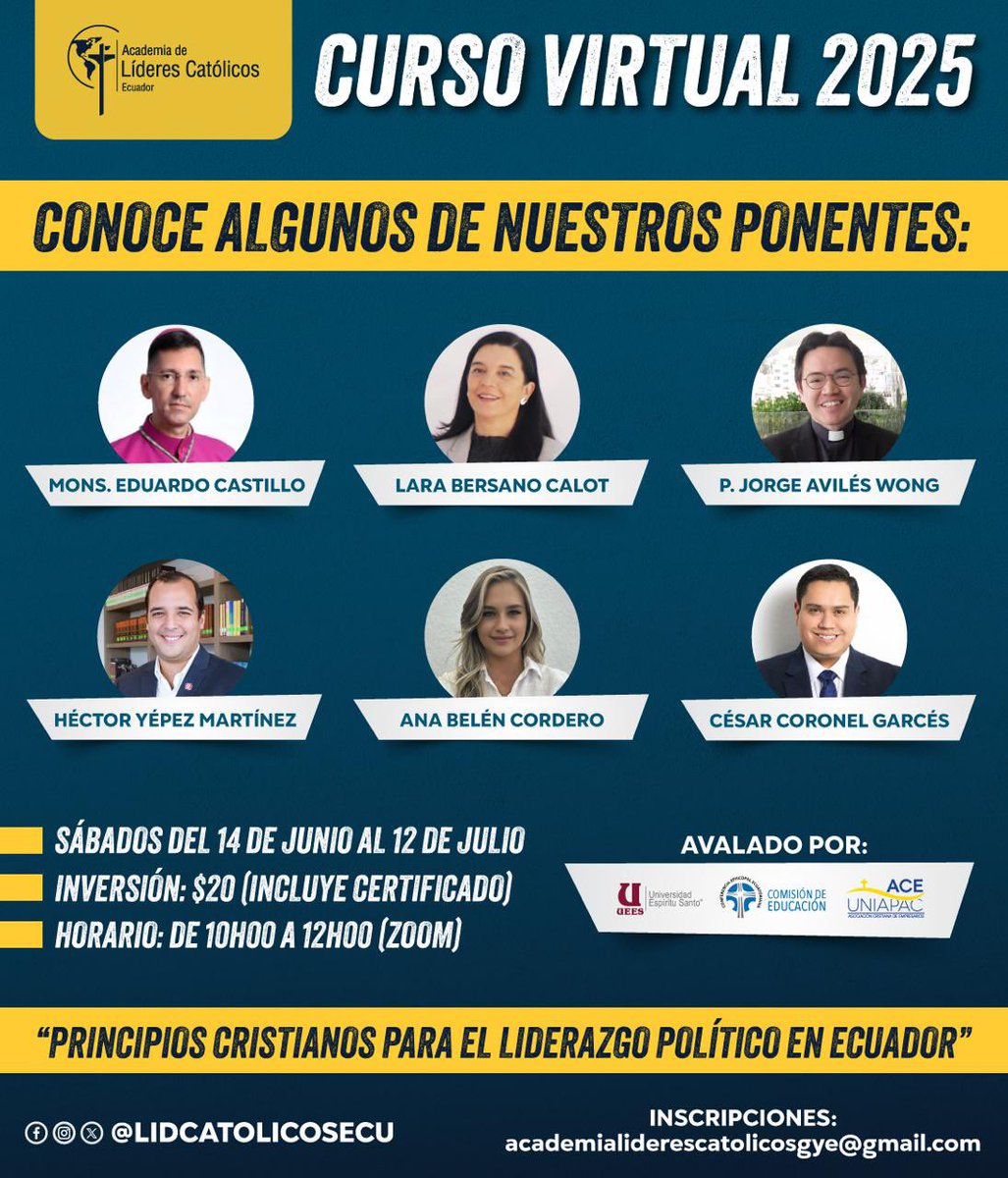 📯  ÚLTIMOS DÍAS PARA COMPLETAR TU INSCRIPCIÓN EN EL CURSO 2025 DE LÍDERES CATÓLICOS ECUADOR.

🖥️ Modalidad virtual
🗓️ Sábados de 14/jun al 12/jul
💵 Inversión: $20

📲 forms.gle/Nev1pxoKk3gJsG… 

#LíderesCatólicosEcuador