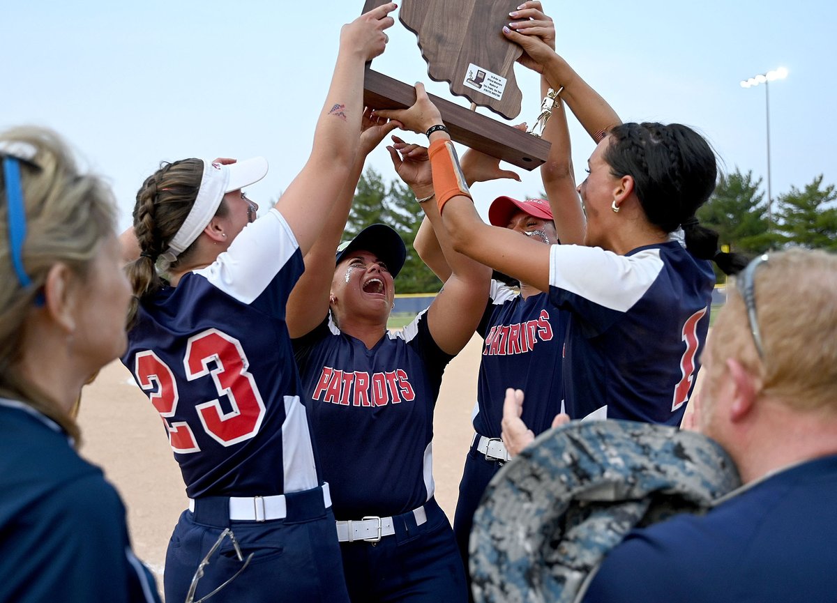 TribStarJoe's tweet image. Terre Haute North's Rayven Wilson, second from left, hoists the regional champions trophy with teammates and fellow seniors Kylie Lloyd, Kara Salmon and Addy Millington after the Patriots' defeated Whiteland 5-3 on Tuesday at North. @THNorthSports