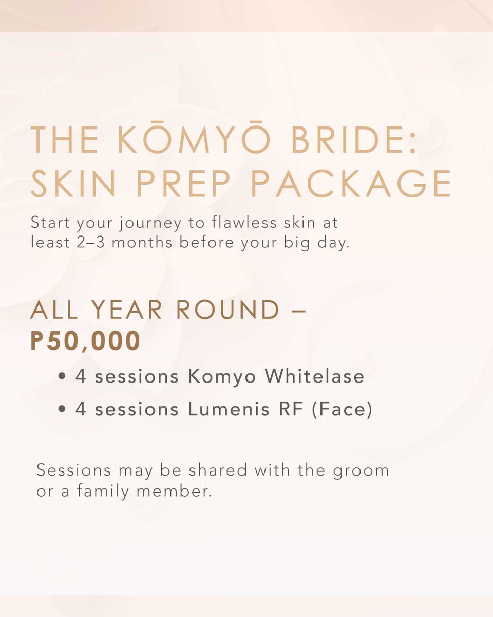 komyomedical's tweet photo. Introducing 𝙏𝙝𝙚 𝙆𝙤𝙢𝙮𝙤 𝘽𝙧𝙞𝙙𝙚 — a collection of curated skin rituals designed to bring out your bridal glow. Whether it’s months of skin prep or a pampering moment with your bride tribe, Komyo is here to make your big day effortlessly luminous. https://t.co/Et8mloimNO
