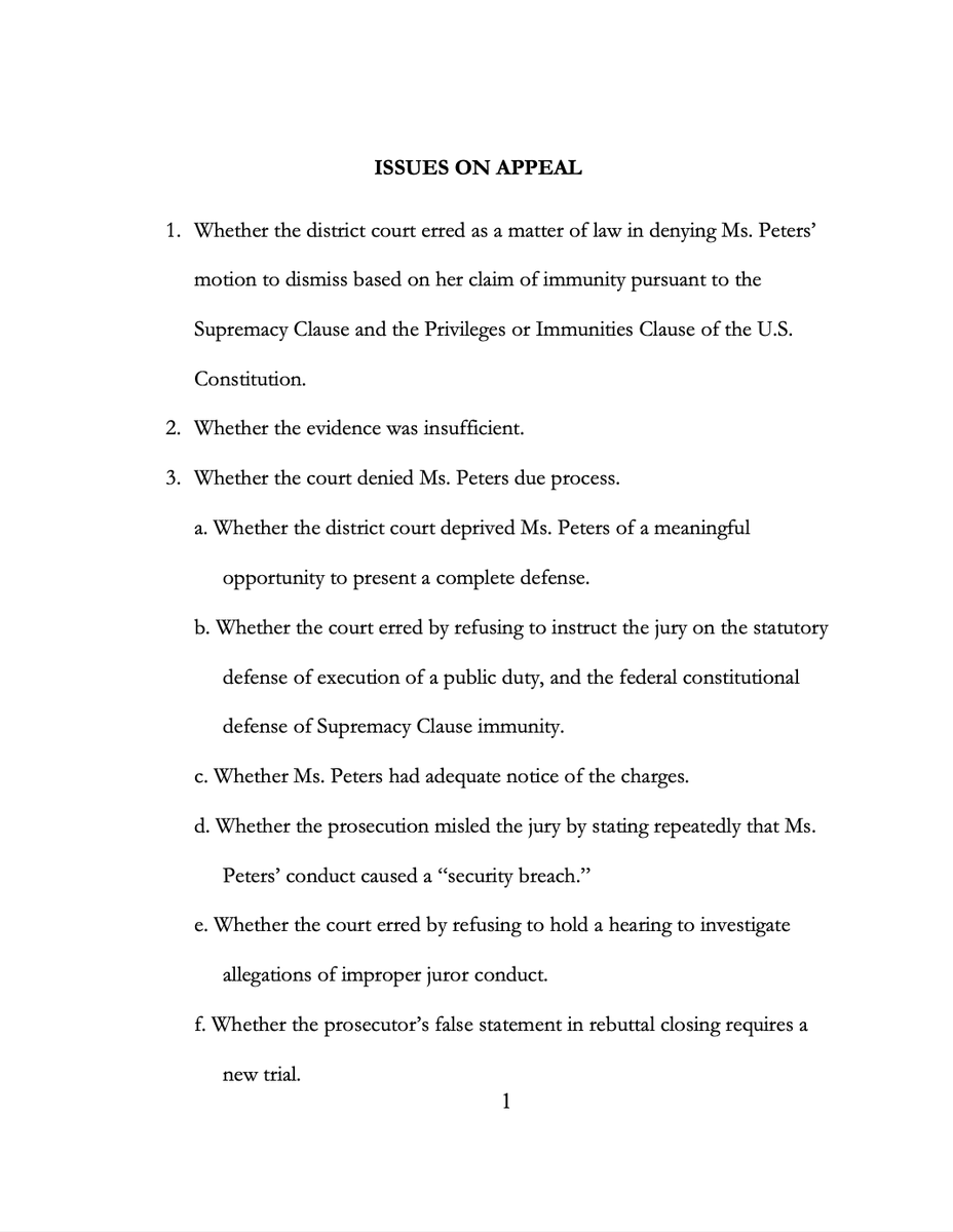 realtinapeters's tweet image. SECOND AMENDED OPENING BRIEF
FILED MAY 30, 2025
ISSUES ON APPEAL
1. Whether the district court erred as a matter of law in denying Ms. Peters’
motion to dismiss based on her claim of immunity pursuant to the
Supremacy Clause and the Privileges or Immunities Clause of the U.S.…