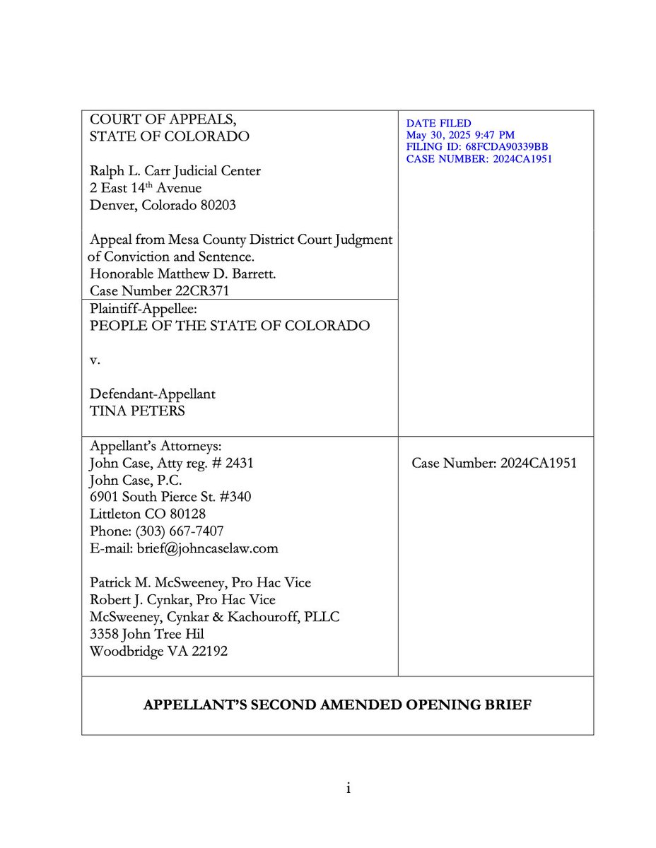 realtinapeters's tweet image. SECOND AMENDED OPENING BRIEF
FILED MAY 30, 2025
ISSUES ON APPEAL
1. Whether the district court erred as a matter of law in denying Ms. Peters’
motion to dismiss based on her claim of immunity pursuant to the
Supremacy Clause and the Privileges or Immunities Clause of the U.S.…