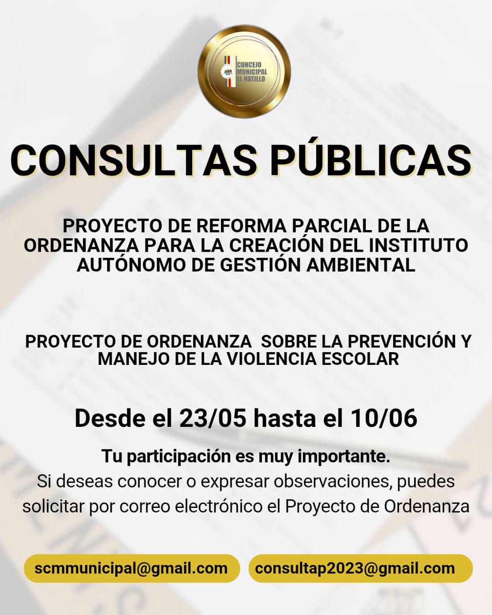 ¡Tu voz cuenta! Hasta el 10 de junio estará abierta la consulta pública de dos proyectos clave:

🌱 Reforma de la Ordenanza del Instituto Autónomo de Gestión Ambiental
🏫 Ordenanza sobre Prevención y Manejo de la Violencia Escolar

#ConsultaPública #ElHatillo