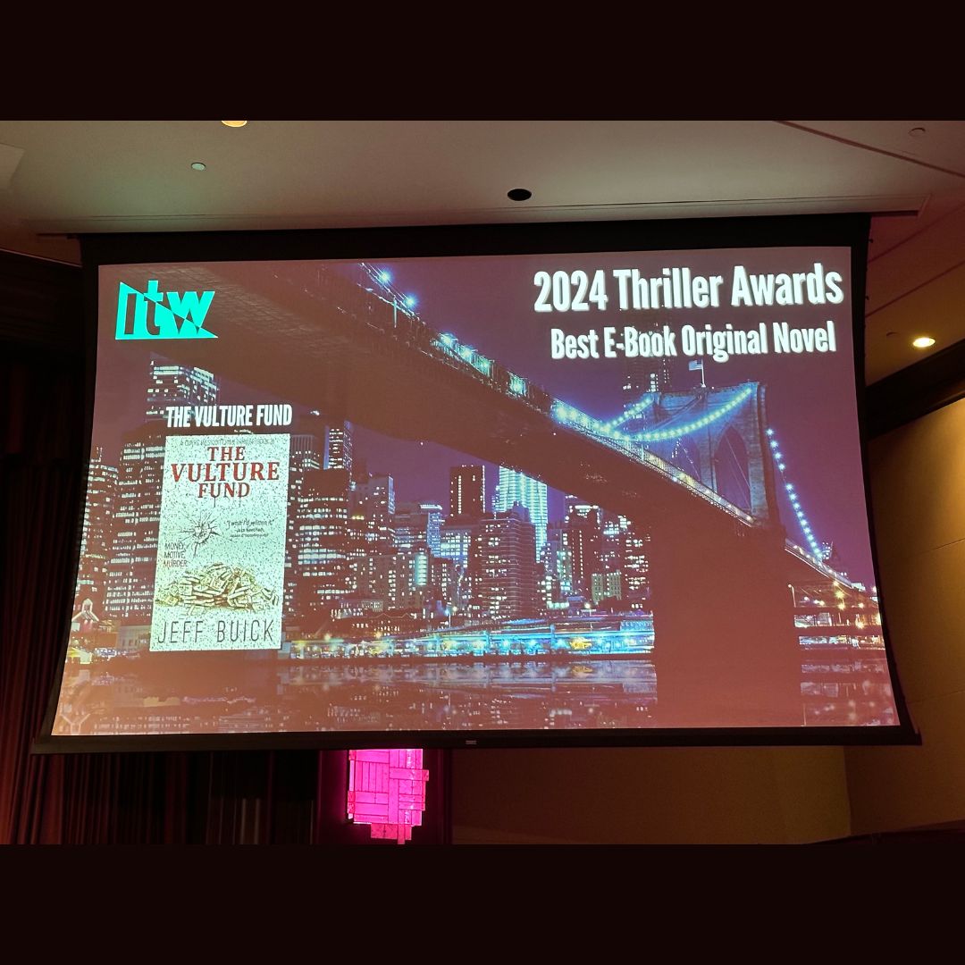 JeffBuick's tweet photo. Throwback to the International Thriller Writers awards — seeing "The Vulture Fund" up there was surreal. Grateful for every reader, every word, and every coffee it took to write it. https://t.co/FEmMpP6BOh