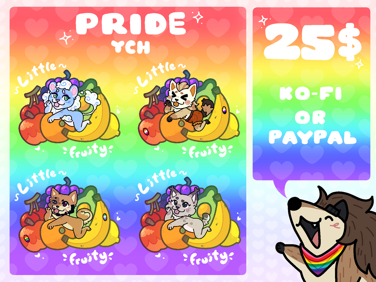 🌈🍎🍊LITTLE FRUITY PRIDE YCH🍌🥑🌈  
🍎All info in pic! 
🍊Multiple flags ok! 
🍌Any Species! 
🥑Link below!