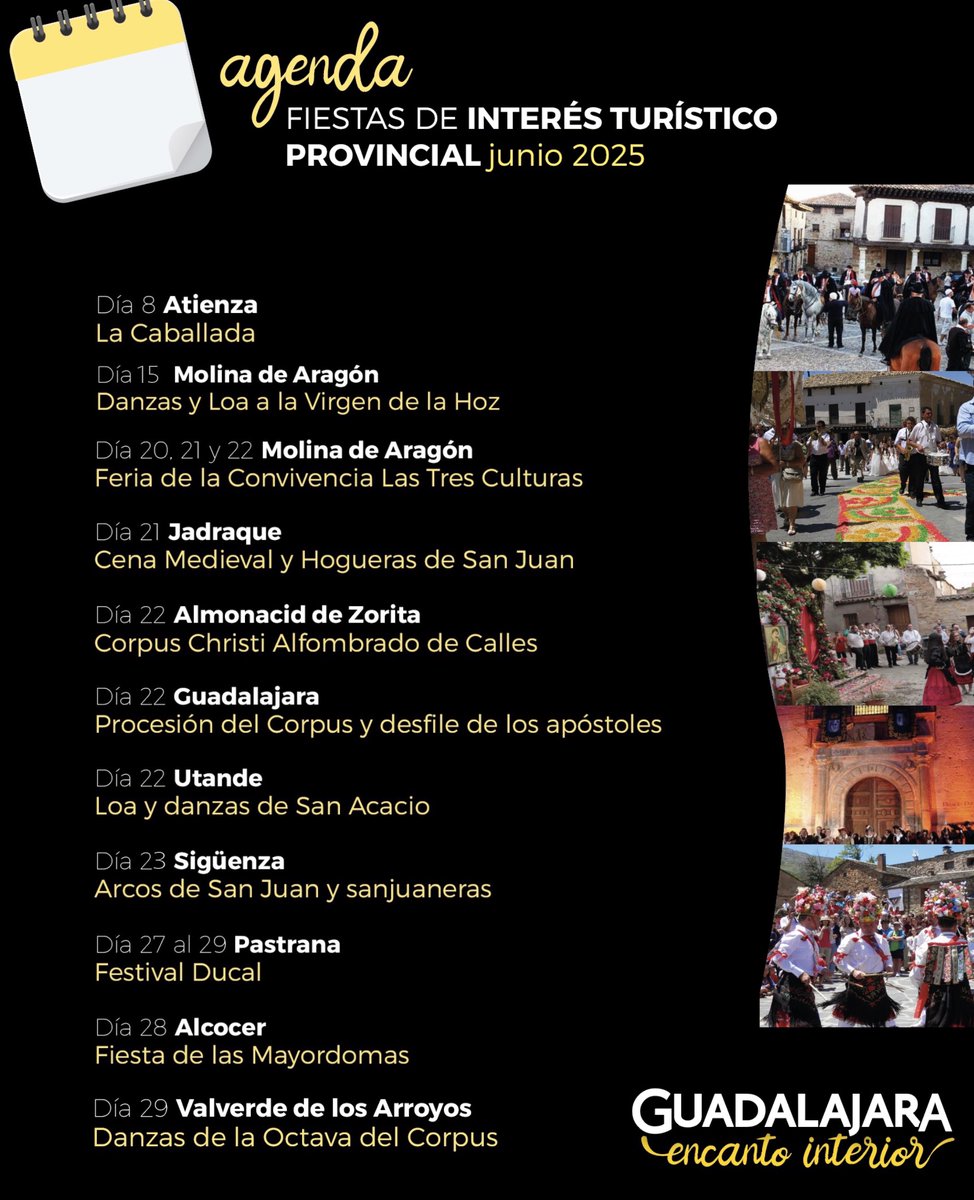 😀Llega el mes de junio con muchas propuestas para disfrutar de la provincia, declaradas de interés turístico provincial.  

Muchos eventos donde la tradición nos permite conocer en entornos festivos parte de nuestro pasado o el colorido del folclore popular.

<a href="/dipuguadalajara/">Diputación de Guadalajara</a>