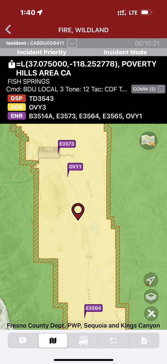 CALFIREBDU's tweet photo. [New Incident] Vegetation Fire in the area of Poverty Hills, South of Big Pine. 1 acre, slow rate of spread. Evacuation Warning for Birch Creek. T-Storm activity in area. #FishFire @Inyo_NF @BLMca #BigPineFD https://t.co/CSBFpWxRn6
