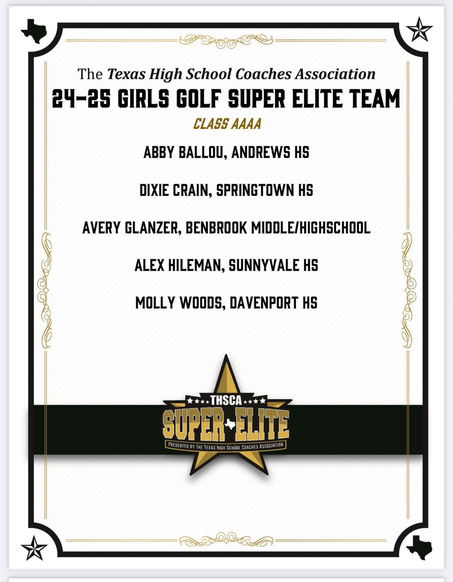 Bobcat Athletics (@benbrookbobcats) on Twitter photo Congratulations to Avery Glanzer on making the 2024-2025 THSCA Class 4A - Super Elite Golf Team!!
<a href="/Benbrookgolf/">Benbrookbobcatgolf</a> <a href="/BenbrookMHS/">Benbrook Middle-High</a> <a href="/FWISDAthletics/">FWISD Athletics</a> Congratulations to Avery Glanzer on making the 2024-2025 THSCA Class 4A - Super Elite Golf Team!!
<a href="/Benbrookgolf/">Benbrookbobcatgolf</a> <a href="/BenbrookMHS/">Benbrook Middle-High</a> <a href="/FWISDAthletics/">FWISD Athletics</a>