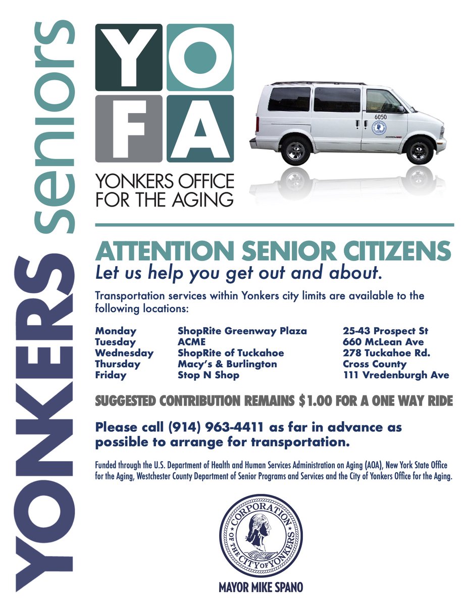 🛒 Did you know the Yonkers Office for the Aging offers transportation for shopping trips?

Check out the flyer below for scheduled locations, and be sure to call (914) 963-4411 as early as possible to book your ride!

📞 Plan ahead—spaces fill up fast!
