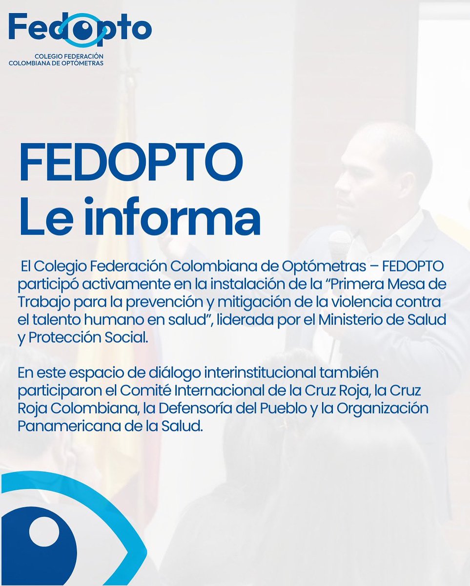 🔵 FEDOPTO participó activamente en la instalación de la “Primera Mesa de Trabajo para la prevención y mitigación de la violencia contra el talento humano en salud”, liderada por el Ministerio de Salud y Protección Social.

#YoSoyFedopto #OptometríaColombiana