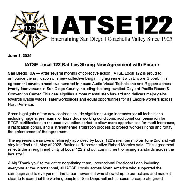 BREAKING: After several months of collective action, IATSE Local 122 of San Diego is proud to announce the ratification of a new collective bargaining agreement with Encore Global!

This agreement covers almost two hundred in-house Audio-Visual Technicians and Riggers across