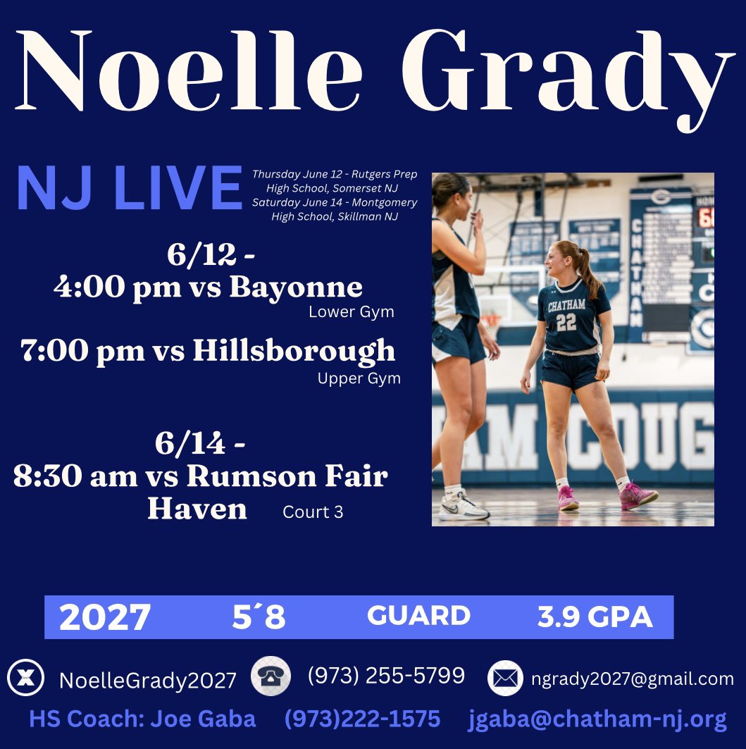 Noelle Grady (@noellegrady2027) on Twitter photo Here is my schedule for NJ LIVE!
Couldnโt be more excited to be back competing with <a href="/chatgirlshoops/">Chatham High School (NJ) Girls Basketball</a> ! Come catch us out!
<a href="/nj_panthers/">NJ Panthers</a> <a href="/CoachGaba/">Coach Joe Gaba</a> <a href="/pmg911/">Patrick Grady</a> Here is my schedule for NJ LIVE!
Couldnโt be more excited to be back competing with <a href="/chatgirlshoops/">Chatham High School (NJ) Girls Basketball</a> ! Come catch us out!
<a href="/nj_panthers/">NJ Panthers</a> <a href="/CoachGaba/">Coach Joe Gaba</a> <a href="/pmg911/">Patrick Grady</a>