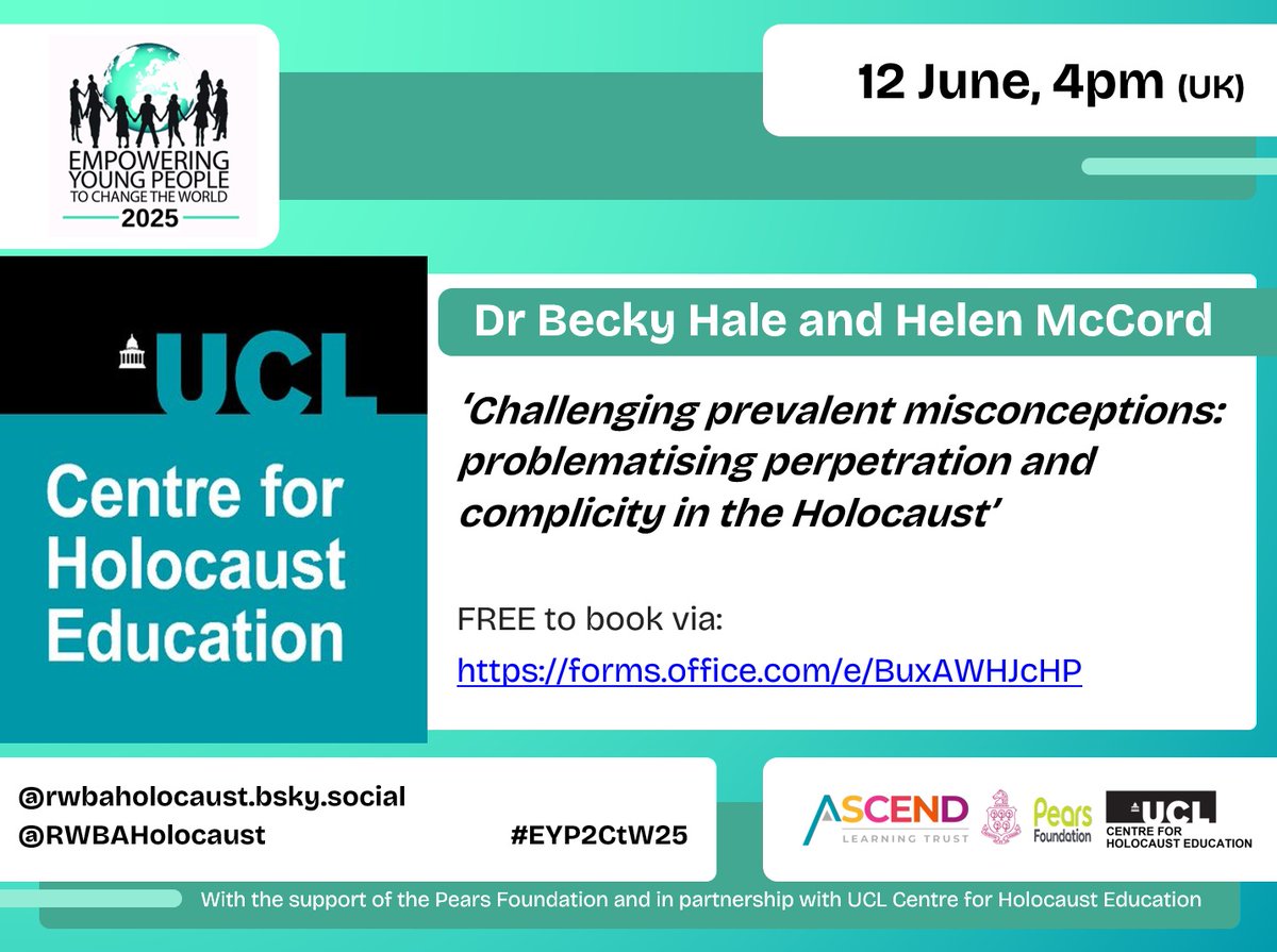 RWBAHolocaust (@rwbaholocaust) on Twitter photo #EYP2CtW25 cont. Thurs 12 June, 4pm (GMT) w/ @ucl_holocaust: 'Challenging prevalent misconceptions: problematising perpetration & complicity in the Holocaust'
FREE bk: forms.office.com/e/BuxAWHJcHP
RT <a href="/hmccord78/">Helen McCord</a> <a href="/soper_mr/">Corey</a> <a href="/Stephen_Logan/">Stephen Logan</a> <a href="/AmyNorman138633/">MissNormanHistory</a> <a href="/DTownsendNUSA/">DTownsend</a> <a href="/holocaustnorth/">Holocaust Centre North</a> #EYP2CtW25 cont. Thurs 12 June, 4pm (GMT) w/ @ucl_holocaust: 'Challenging prevalent misconceptions: problematising perpetration & complicity in the Holocaust'
FREE bk: forms.office.com/e/BuxAWHJcHP
RT <a href="/hmccord78/">Helen McCord</a> <a href="/soper_mr/">Corey</a> <a href="/Stephen_Logan/">Stephen Logan</a> <a href="/AmyNorman138633/">MissNormanHistory</a> <a href="/DTownsendNUSA/">DTownsend</a> <a href="/holocaustnorth/">Holocaust Centre North</a>