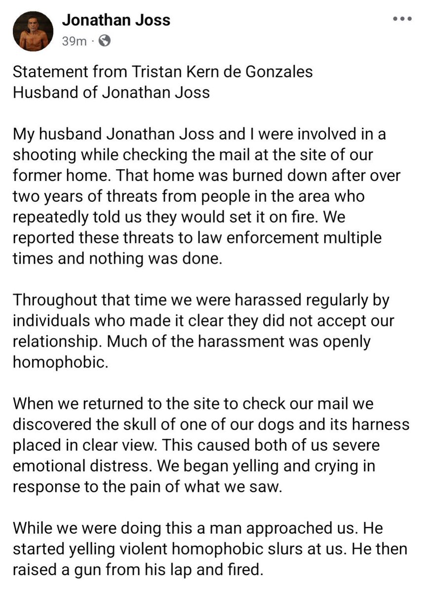 theopposum1234's tweet photo. @nypost This isn’t an argument. He was gunned down after finding his dead dogs skull in his fucking mailbox, in front of the home he shared with husband that had burned to the ground. 

This was a fucking hate crime. https://t.co/mcer5RywU4