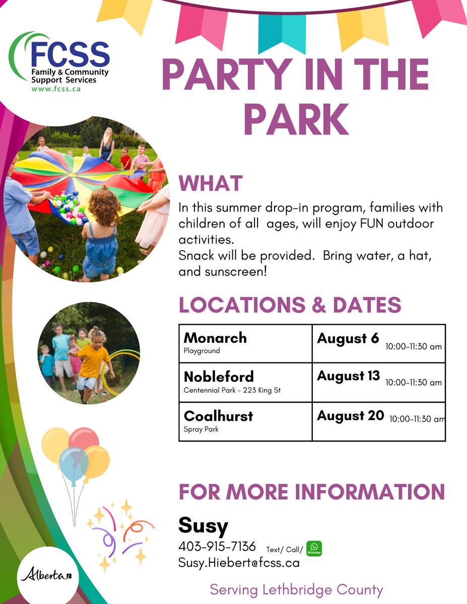 Family & Community Support Services (@fcsssouthernab) on Twitter photo "Party in the Park" August dates in the <a href="/LethCounty/">Lethbridge County</a> communities. Drop-in for outdoor fun in Monarch, <a href="/Nobleford2/">Nobleford</a>, <a href="/TownOfCoalhurst/">Town of Coalhurst</a>. "Party in the Park" August dates in the <a href="/LethCounty/">Lethbridge County</a> communities. Drop-in for outdoor fun in Monarch, <a href="/Nobleford2/">Nobleford</a>, <a href="/TownOfCoalhurst/">Town of Coalhurst</a>.