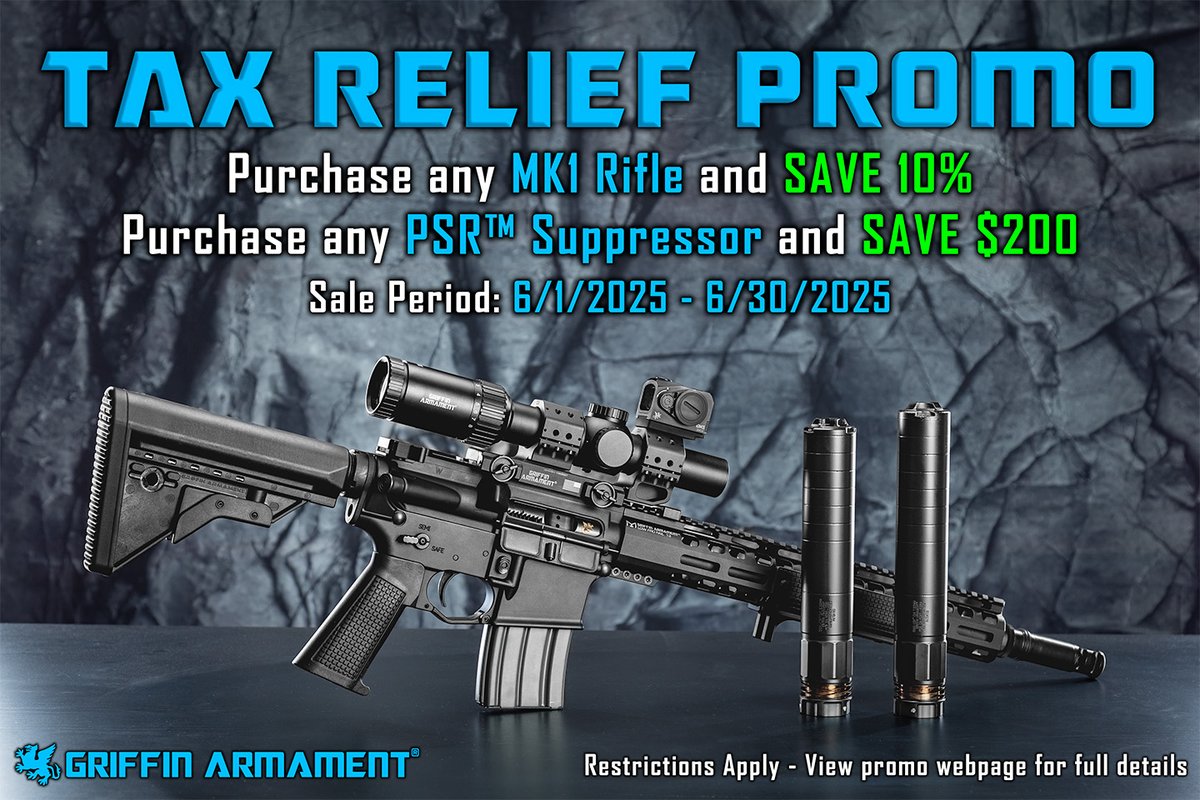 You’re not going to want to miss Junes monthly promo HAPPENING NOW!

Get 10% on any MK1 Rifle &amp; $200 off any PSR suppressor! 

Visit our website to get suppressors shipped to your
door or talk with your local dealer about suppressor &amp;
rifle transfers!

Offer ends June 30th!