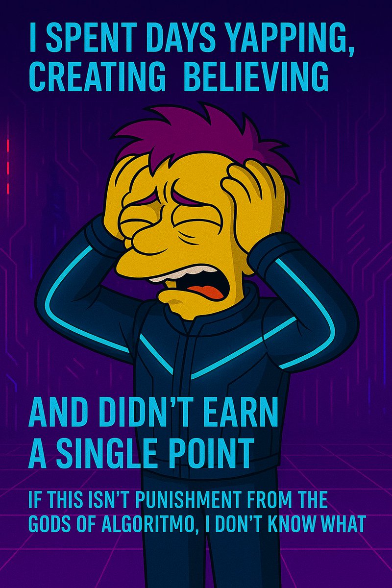 crypto_romer's tweet photo. I spent days yappin', creating, believing... and I didn't earn a single point. If that's not punishment from the algorithm gods, I don't know what is.

@virtuals_io $virgen https://t.co/ypuj8lLKCF