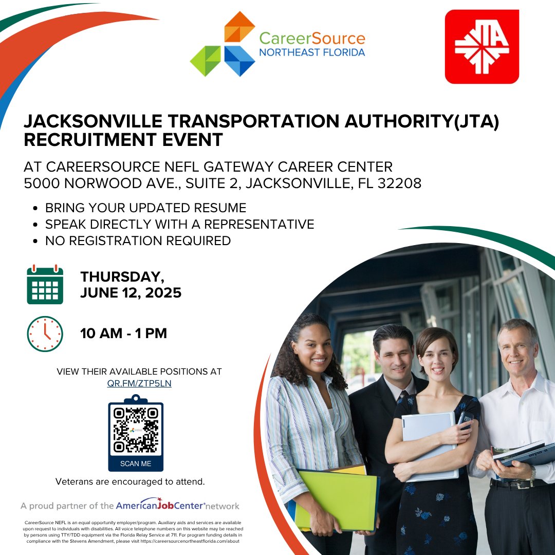 CareerSource NEFL (@careersourcenef) on Twitter photo Join our growing team and make a difference!
Meet us for the Jacksonville Transportation Authority (JTA) Recruitment Event at CareerSource NEFL Gateway Career Center
June 12, 2025
10:00 am - 1:00 pm
Check their list of open positions: qr.fm/zTp5Ln
<a href="/JaxJobs/">Jacksonville Jobs</a> @cityofjax Join our growing team and make a difference!
Meet us for the Jacksonville Transportation Authority (JTA) Recruitment Event at CareerSource NEFL Gateway Career Center
June 12, 2025
10:00 am - 1:00 pm
Check their list of open positions: qr.fm/zTp5Ln
<a href="/JaxJobs/">Jacksonville Jobs</a> @cityofjax