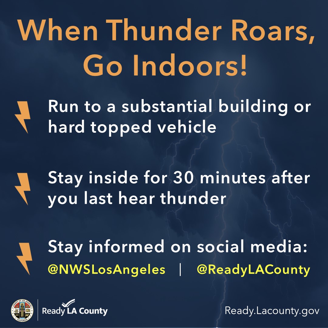 Thunderstorms are possible across Los Angeles County this afternoon and evening. The only safe place during a thunderstorm is inside.

Isolated flash flooding and strong localized winds are possible with any storm. Stay alert to conditions and monitor weather forecasts. #LARain