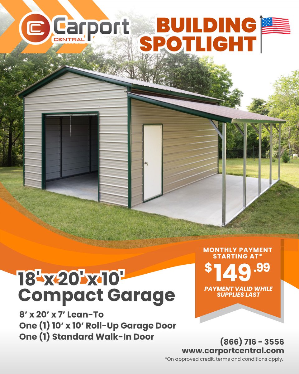 This versatile garage is perfect for protecting your vehicle, organizing tools, or creating a personal workspace right in your backyard. The lean-to offers extra coverage and the garage door and walk-in doors ensure easy access. 

Customize yours today at carportcentral.com