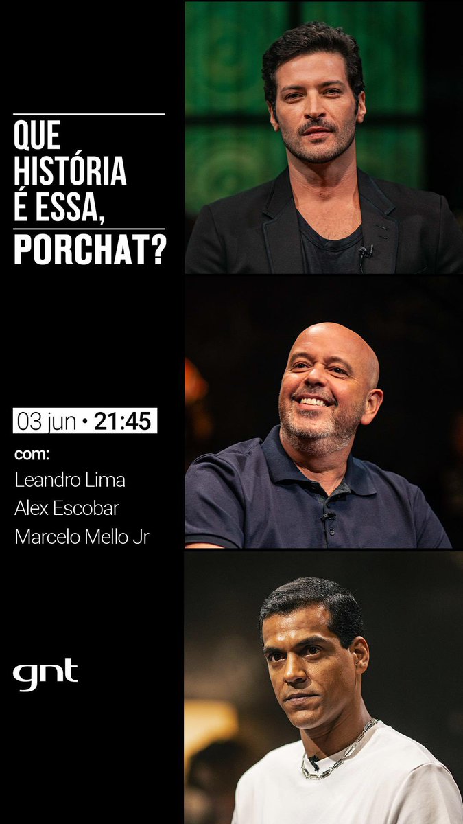 E no programa de hoje vou bater um papo com uma galera queridíssima: Leandro Lima, Alex Escobar e Marcelo Mello Jr. contando várias histórias, vai ser as 21:30 na GNT. 😃