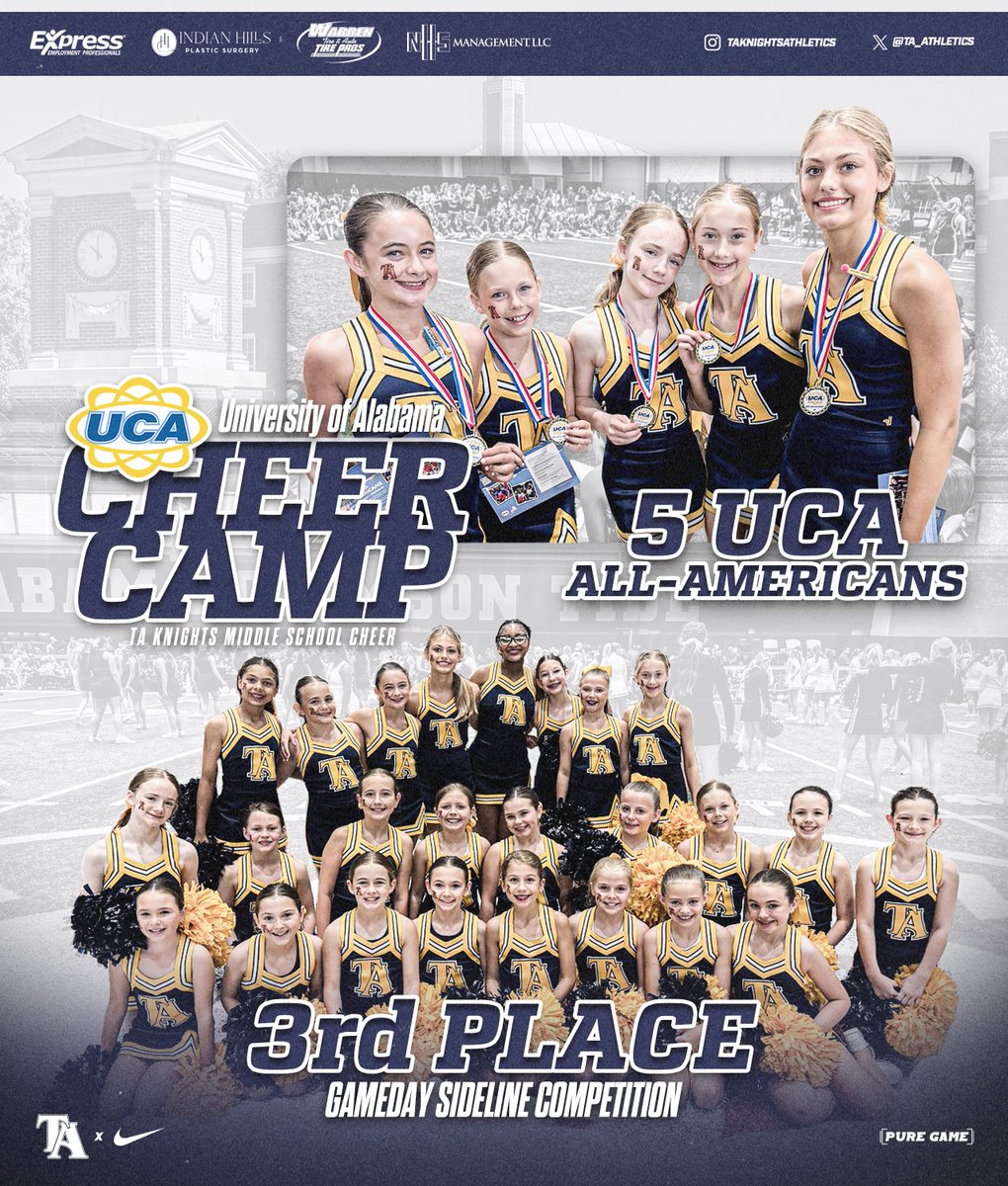 Tuscaloosa Academy Athletics (@ta_athletics) on Twitter photo π£ ππΎπΌ πΎππππ πΎπΌππ π£
Congratulations to our TA Knights Varsity & JV Cheerleaders on a successful UCA Cheer Camp last week at <a href="/UofAlabama/">The University of Alabama</a>.
TA Varsity brought home 1st in Dance, 5th in Sideline & Cheer. Madeline Evans, Fair Garner, Sarah Davis Roe & Emerson York were π£ ππΎπΌ πΎππππ πΎπΌππ π£
Congratulations to our TA Knights Varsity & JV Cheerleaders on a successful UCA Cheer Camp last week at <a href="/UofAlabama/">The University of Alabama</a>.
TA Varsity brought home 1st in Dance, 5th in Sideline & Cheer. Madeline Evans, Fair Garner, Sarah Davis Roe & Emerson York were