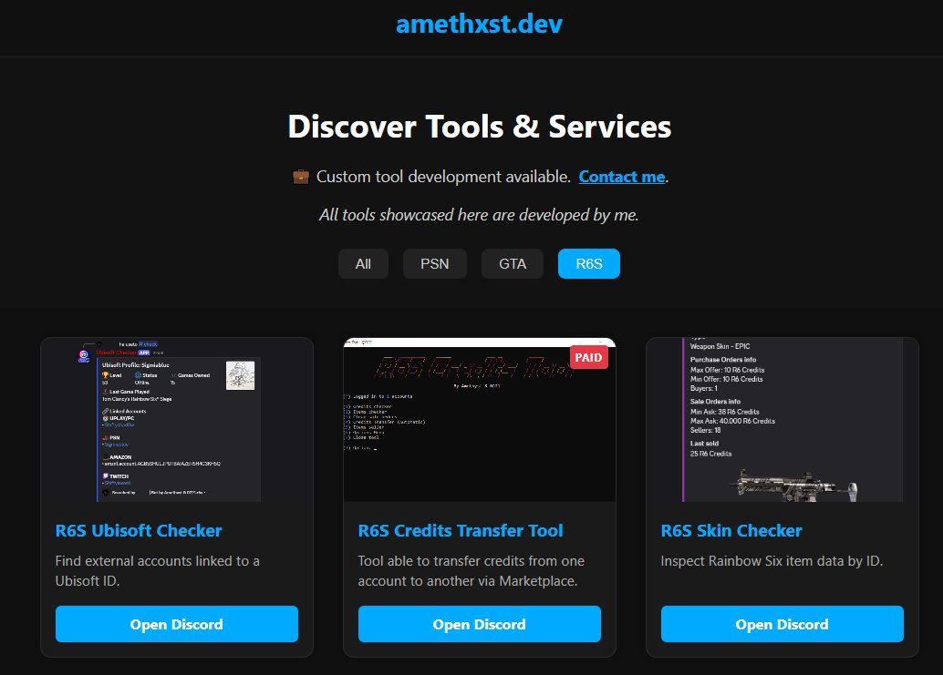 R6S Ubisoft Checker
R6S Credits Transfer Tool
R6S Skin Checker

all on amethxst.dev

maybe another “inventory checker”? idk, ily ubi