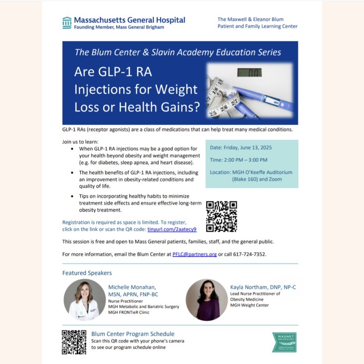 Over 600 registered and counting—don't miss out!

Join us June 13th, 2–3 PM (in person or virtually) as experts from the Mass General Weight Center dive deeper into the game-changing health benefits of GLP-1 medications—beyond obesity and weight management!

(1/3)