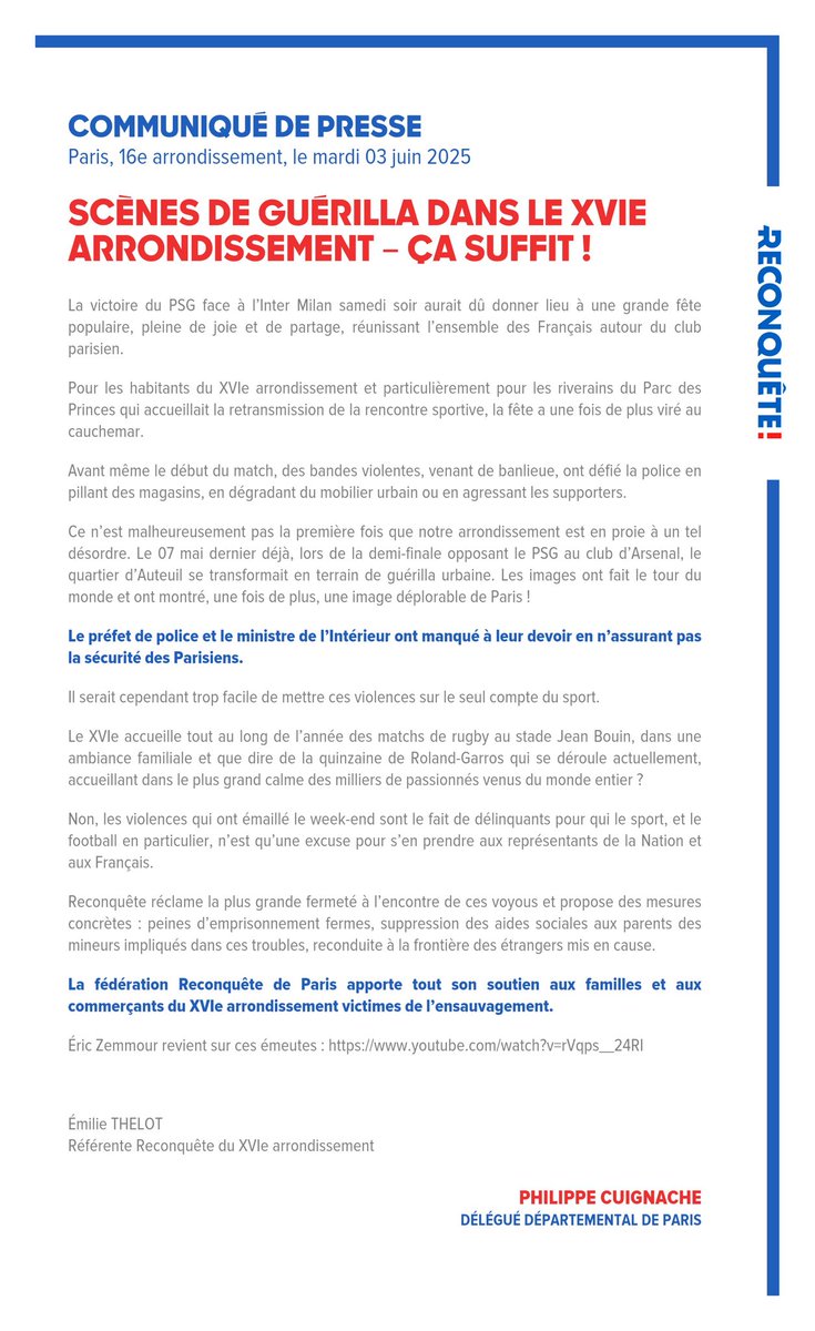 La fédération Reconquête du 16e arrondissement apporte son soutien aux Parisiens victimes d’actes de délinquance qui ont émaillé la nuit de samedi.
<a href="/ReconqueteParis/">RECONQUÊTE ! | Paris</a> <a href="/Reconquete_off/">RECONQUÊTE !</a>
