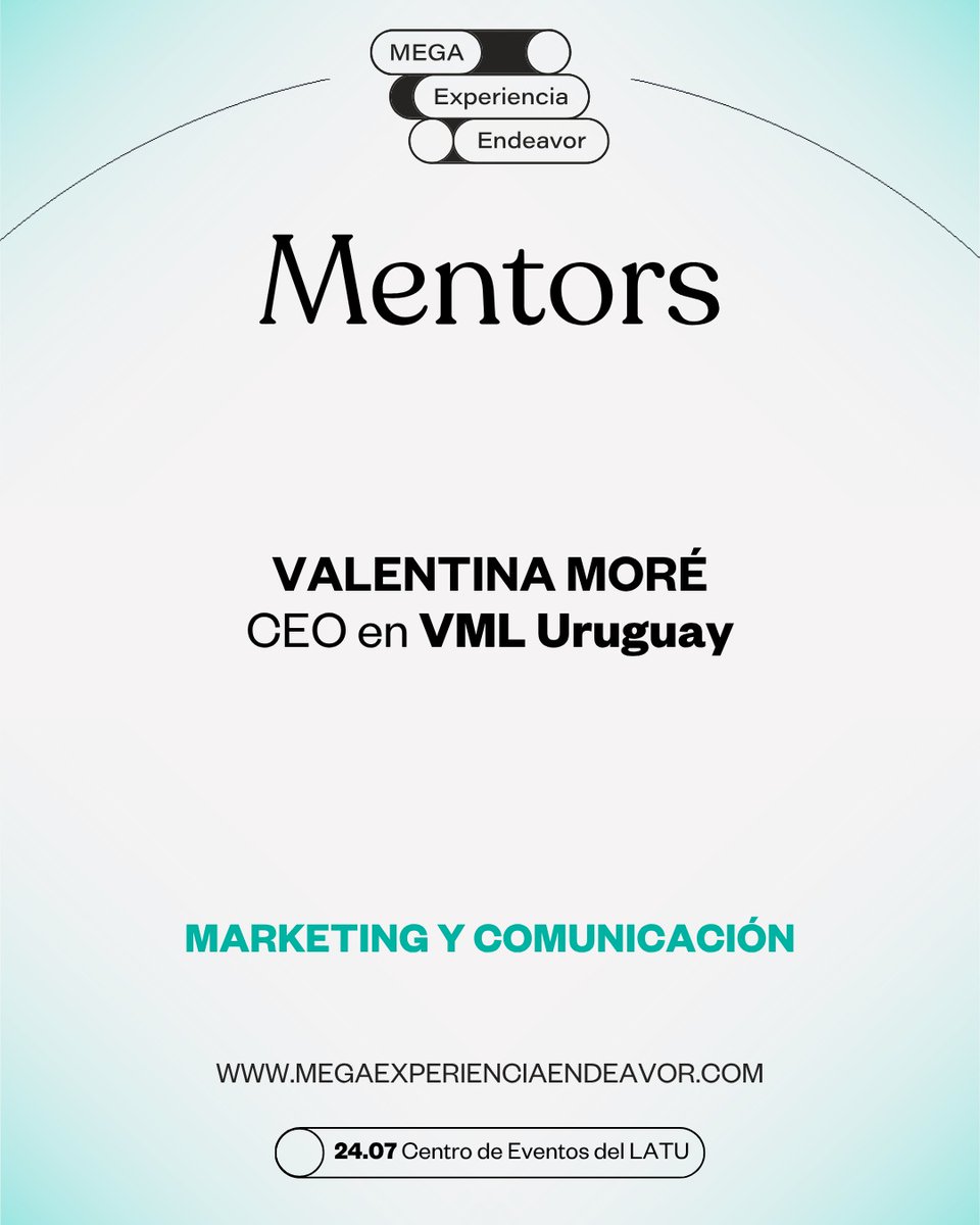 ¡Nuestra CEO Valentina Moré será mentora en La Mega Experiencia Endeavor el 24 de julio en el LATU! Vale compartirá su experiencia en marketing y comunicación para ayudar a emprendedores a impulsar sus negocios. ¡Una oportunidad única para charlar y evacuar dudas!