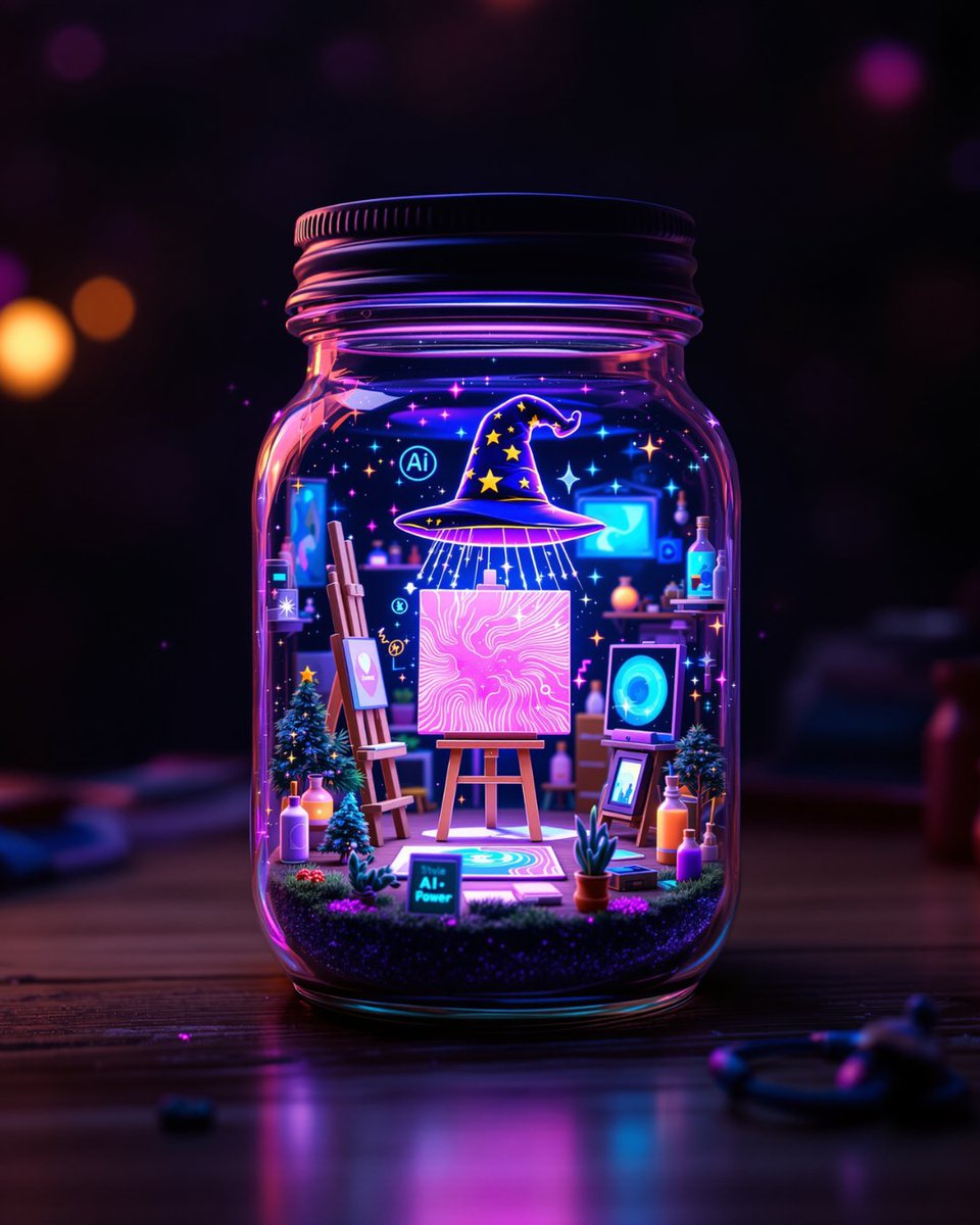 MagicShot_ai's tweet image. From floating wizard hats to neon-lit canvases, this tiny universe captures the magic of imagination and technology.
Would you keep this on your desk?👇
#MagicShotAI #MiniatureWorld #AIArt #JarOfCreativity #NeonAesthetic #WizardVibes