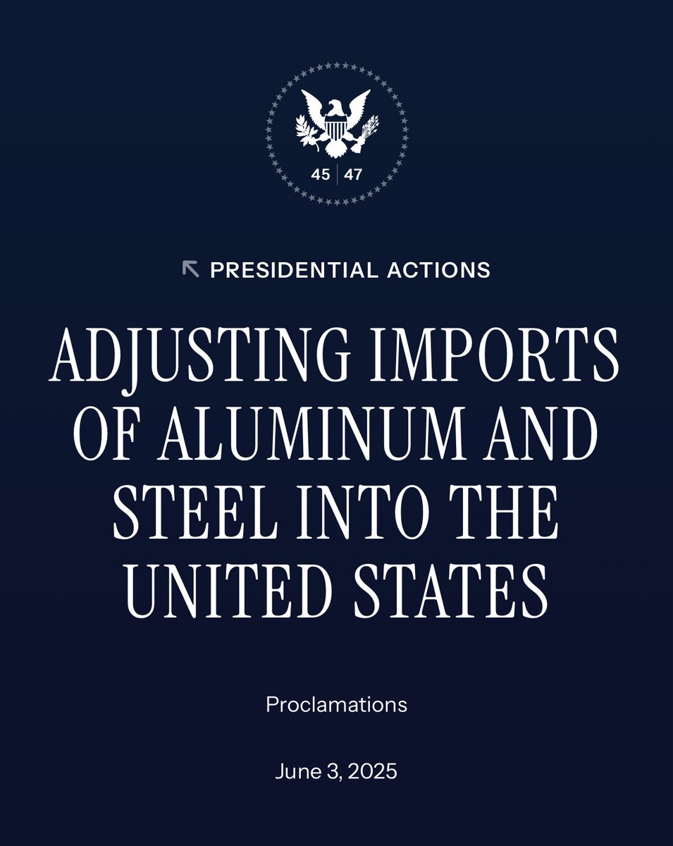 C’est officiel, les tarifs sur l’acier et l’aluminium vont doubler dès 12:01AM. Le décret a été signé par Donald Trump cet après-midi 

whitehouse.gov/presidential-a… Adjusting Imports of Aluminum and Steel into the United States – The White House