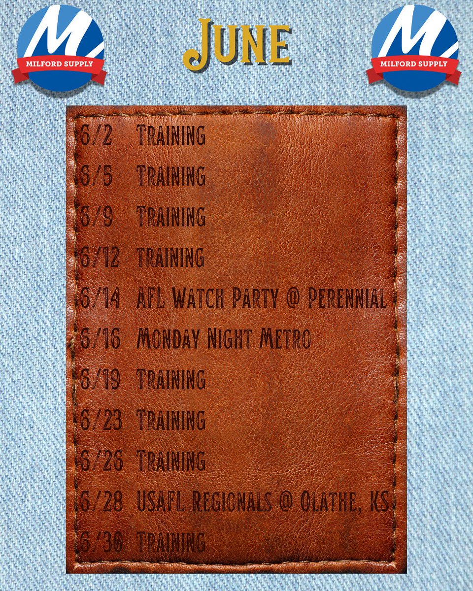 The Milford Monthly Schedule brought to you by Milford Supply

#STL #AussieRules #IAFFDFF