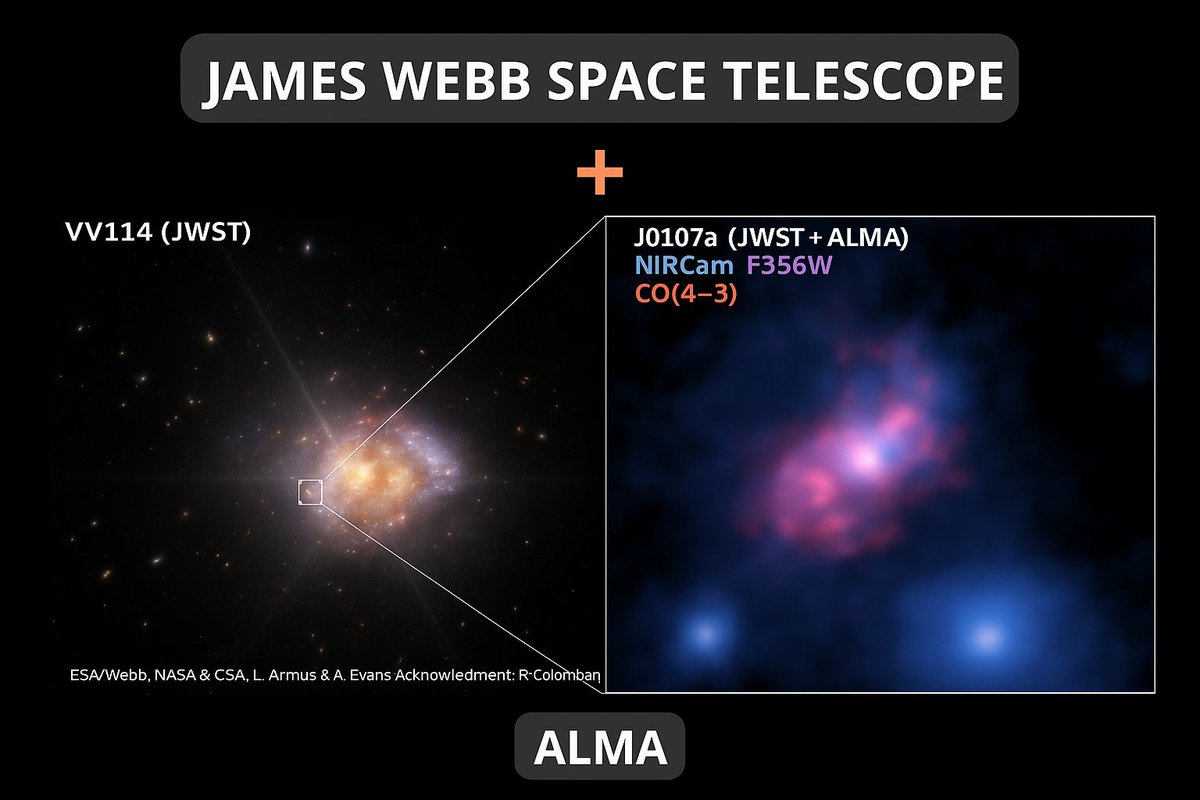 ALMA Observatory📡 (@almaobs) on Twitter photo ⬅️: Near-infrared image of a nearby galaxy, VV114, and the background monster barred spiral galaxy J0107a at z=2.433 captured by <a href="/NASAWebb/">NASA Webb Telescope</a> 🛰️
➡️: Stellar and molecular gas distribution of J0107a 📡
🔗almaobservatory.org/en/press-relea… ⬅️: Near-infrared image of a nearby galaxy, VV114, and the background monster barred spiral galaxy J0107a at z=2.433 captured by <a href="/NASAWebb/">NASA Webb Telescope</a> 🛰️
➡️: Stellar and molecular gas distribution of J0107a 📡
🔗almaobservatory.org/en/press-relea…