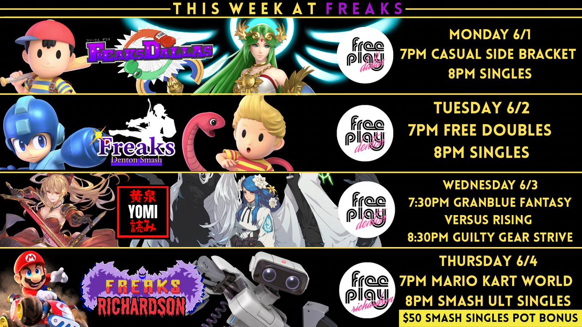 Tonight we’re back in Denton with some more Smash Bros ultimate action. 
7pm free doubles
8pm singles
Discount venue with student/military ID
Unlimited arcade acess! 
All skill levels welcome! new weekly food and drink specials too!
Hit the link  linktr.ee/FreaksTx